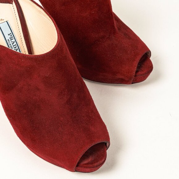 Prada Burgundy Suede Peep Toe Stiletto Heel Slide Mule Platform Pump - Picture 6 of 9